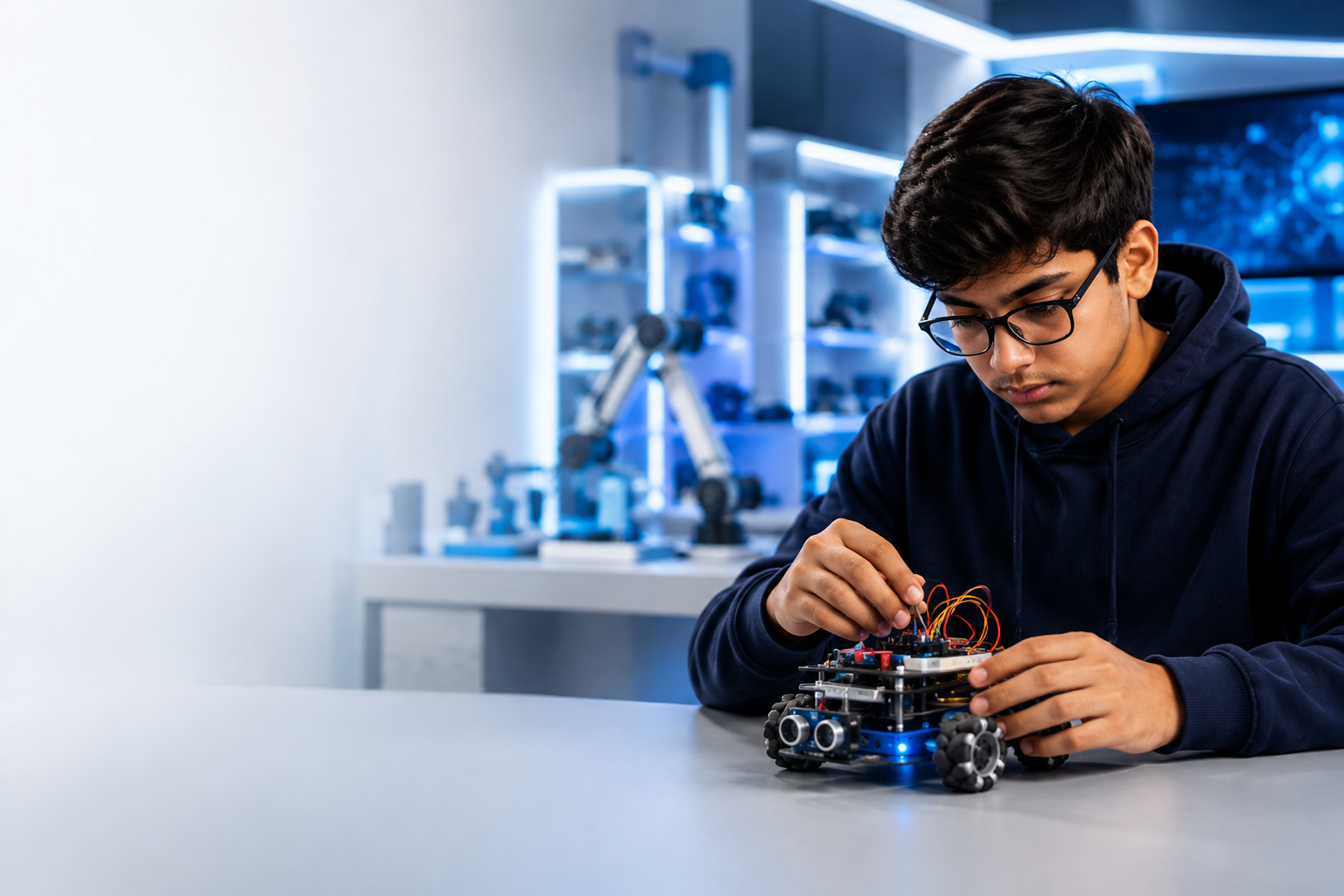Student building a robotics project